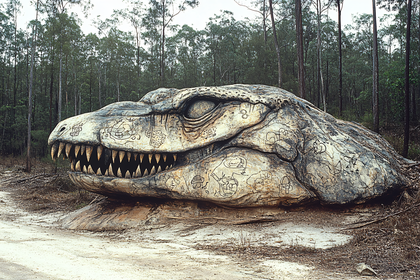 Dinosaur Head Sculpture in Forest