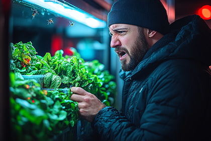 Disgusted Man Inspecting Greens with Insects