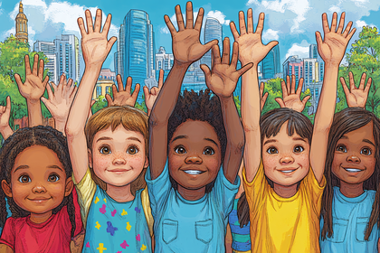 Diverse Children Waving Hands Cityscape