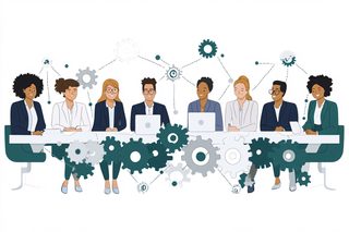 Diverse Team Meeting with Interconnected Gears