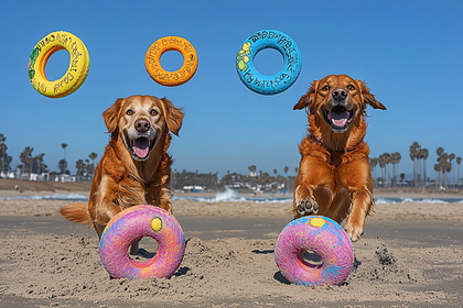 Dogs Playing with Colorful Ring Toys on Beach