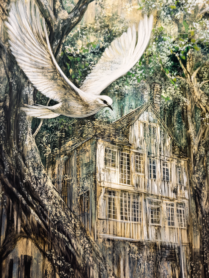 Dove Flying Towards Wooden House in Forest
