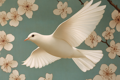 Dove Flying with Cherry Blossoms