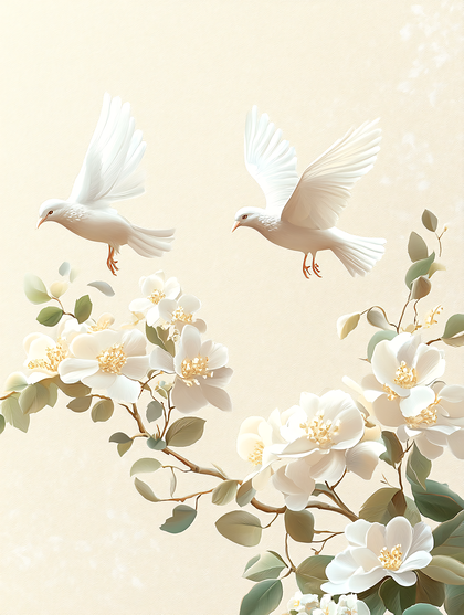 Doves and White Blossoms