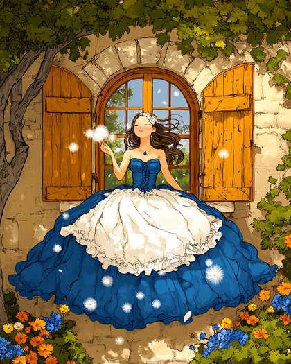 Dreamy Blue Dress Girl at Stone Window