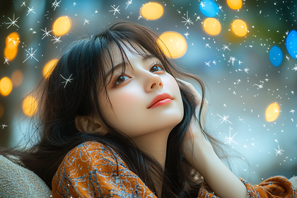 Dreamy Girl Gazing at Glowing Lights
