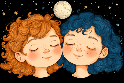 Dreamy Night Scene With Two Smiling Girls