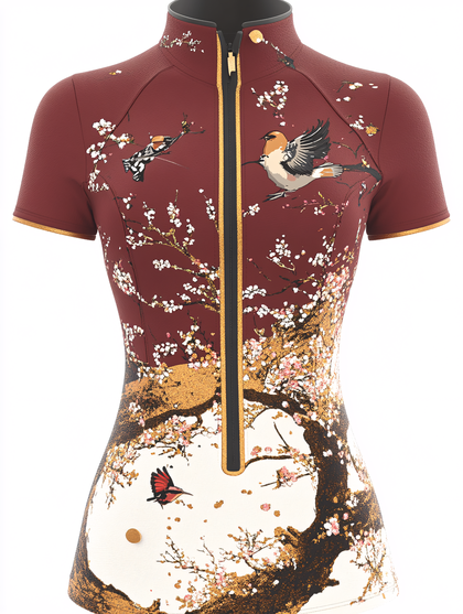 Dress With Bird And Cherry Blossom Print