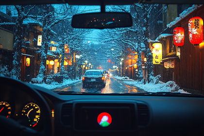 Driving Through Snowy Japanese Street at Night