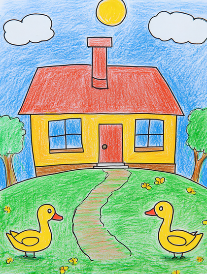 Duck House Crayon Drawing