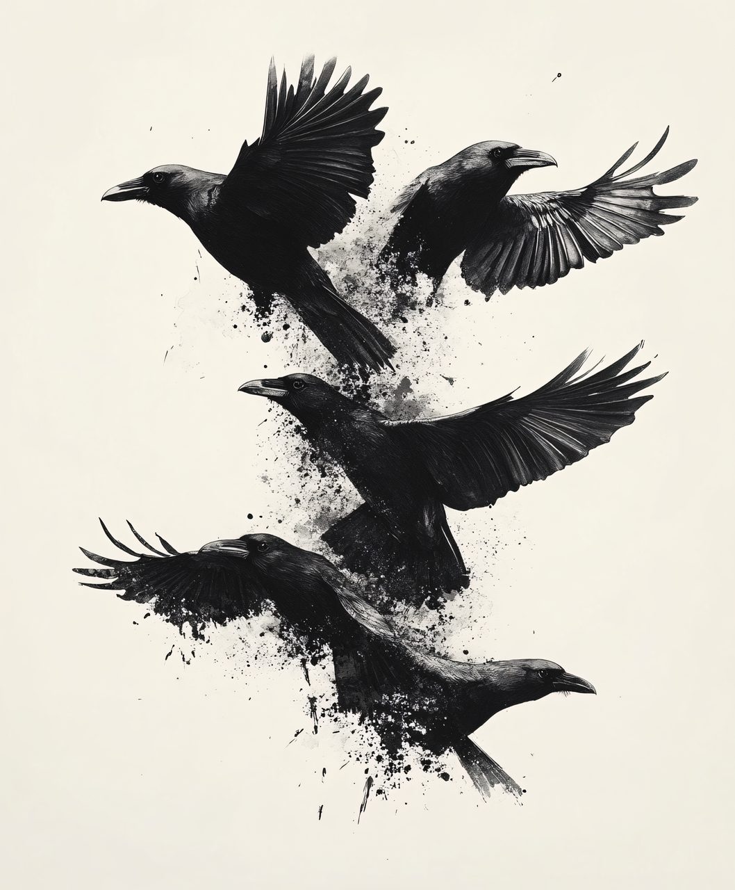 Dynamic Black Raven Birds Digital Illustration with Ink Splatter Effect on Beige Background