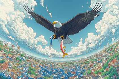 Eagle Catching Fish Over City