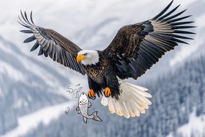 Eagle in Flight with Cartoon Fish