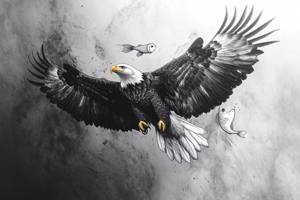 Powerful Bald Eagle Hunting Fish in Black and White Illustration
