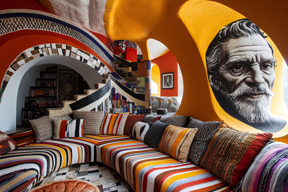 Eclectic Interior with Portrait and Spiral Staircase