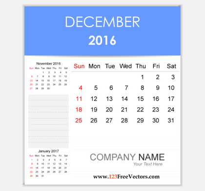 Editable Calendar December 2016
