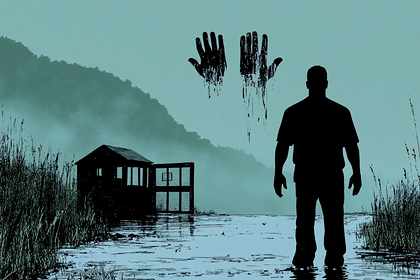Eerie Lake Scene with Silhouette Man and Floating Hands