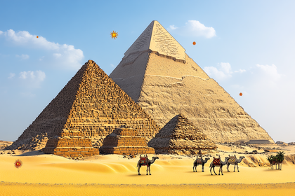 Egyptian Pyramids And Camels In Desert