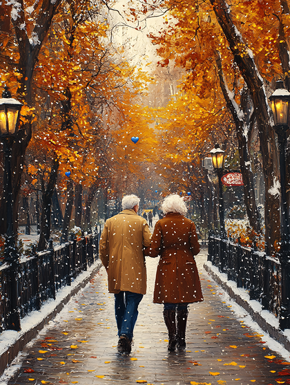 Elderly Couple Walking on a Snowy Autumn Path