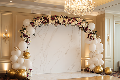 Elegant Backdrop with Floral Arch and Balloons