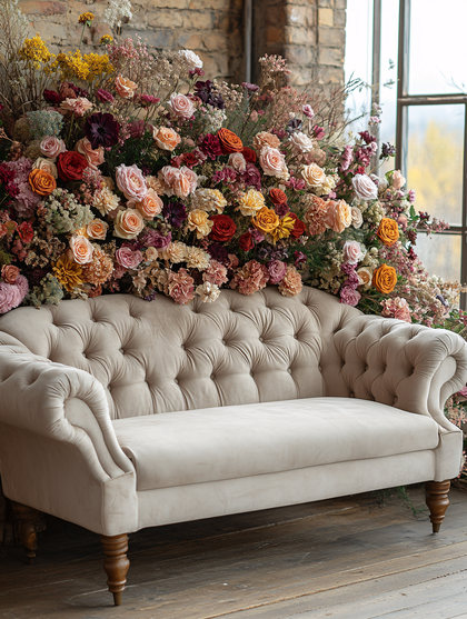 Elegant Beige Sofa with Floral Arrangement