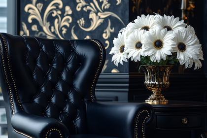 Elegant Black Leather Armchair with White Flowers