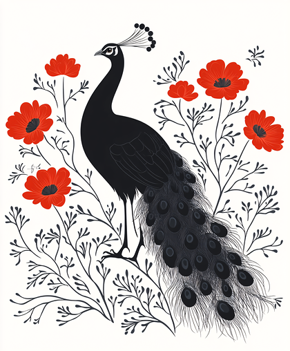 Elegant Black Peacock Surrounded By Red Poppies