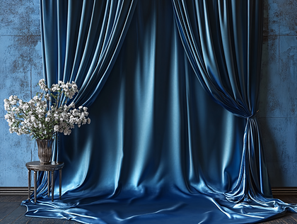 Elegant Blue Curtains with Flower Arrangement