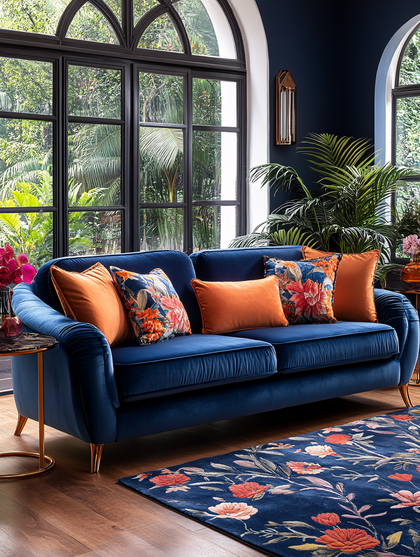 Elegant Blue Velvet Sofa in Modern Living Room