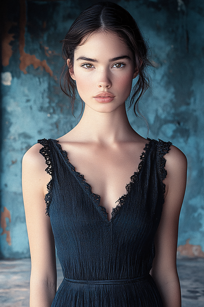 Elegant Brunette Woman in Black Dress