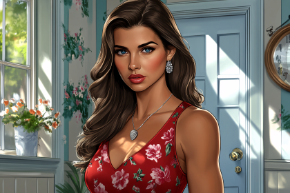 Elegant Brunette Woman in Red Floral Dress Portrait