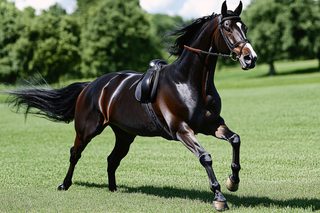 Elegant Dark Bay Horse Galloping in Green Pasture