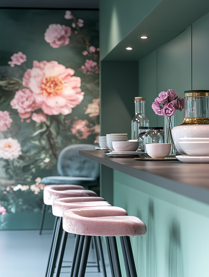 Elegant Green Kitchen with Pink Floral Wallpaper
