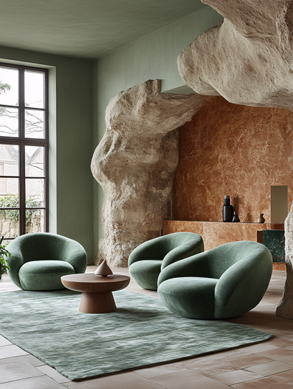 Elegant Interior with Green Armchairs and Stone Feature