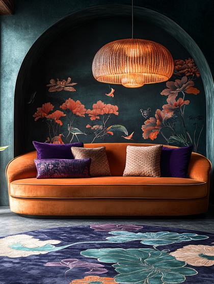 Elegant Living Room Interior with Orange Sofa and Floral Wallpaper