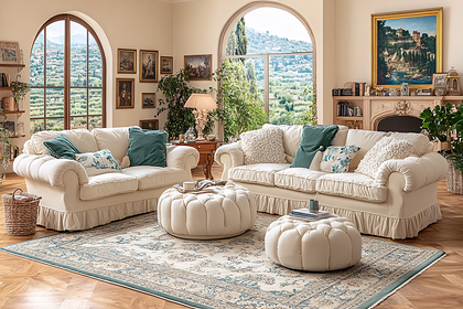 Elegant Living Room with Cream Sofas and Scenic Views