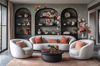 Elegant Living Room with Floral Wallpaper and Rounded Furniture