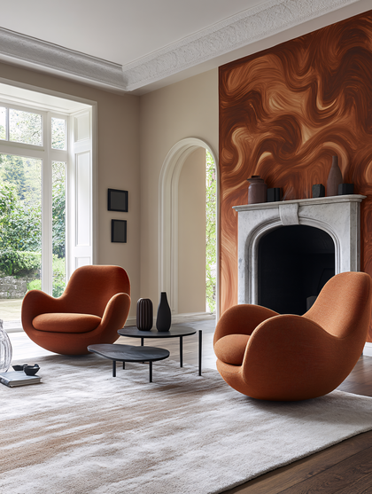 Elegant Living Room with Orange Armchairs and Fireplace