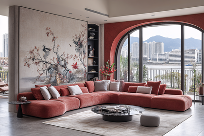 Elegant Living Room with Orange Sofa and City View