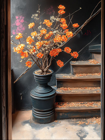 Elegant Orange Flowers by Dark Stairwell