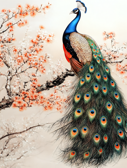 Elegant Peacock on Blooming Branch