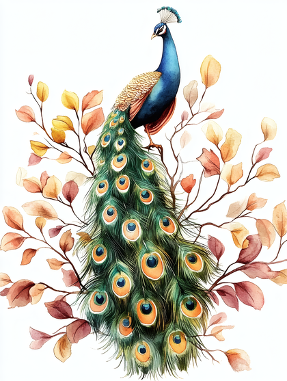 Elegant Peacock with Fall Foliage