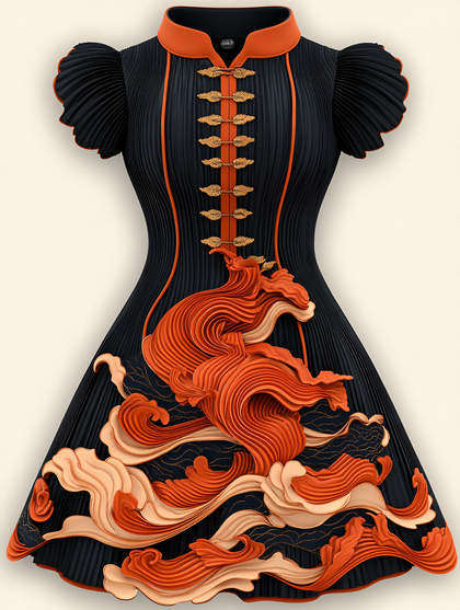 Elegant Pleated Cheongsam Dress with Orange Dragon Design