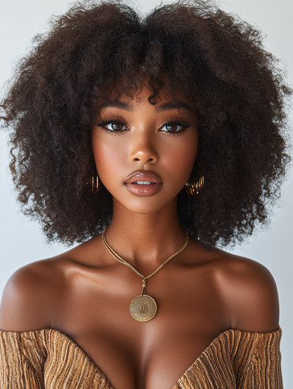 Elegant Portrait Of Woman With Afro And Gold Jewelry