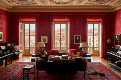 Elegant Red Living Room with Grand Pianos