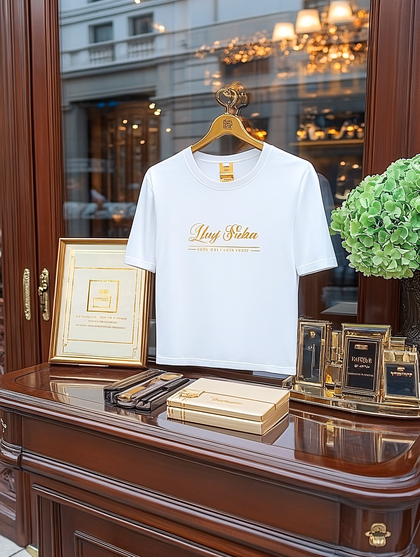 Elegant T-Shirt Display with Golden Accents