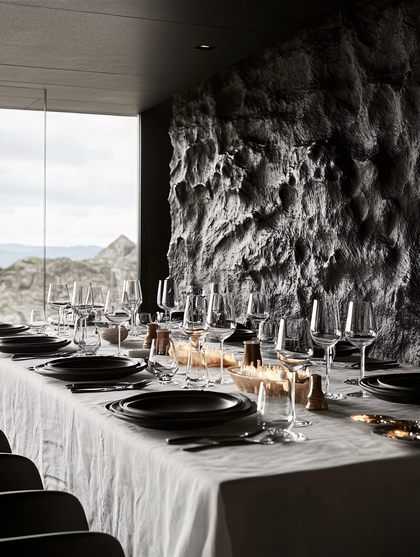 Elegant Table Setting with Stone Wall and Mountain View