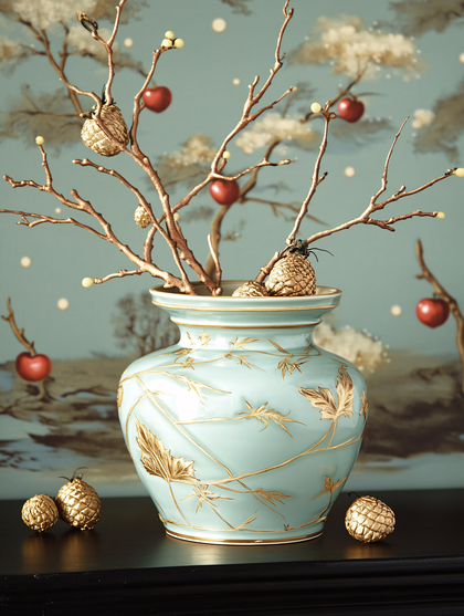 Elegant Vase With Golden Branches And Decorative Ornaments