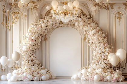 Elegant Wedding Arch with Balloons and Flowers