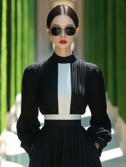 Elegant Woman in Black and White Dress